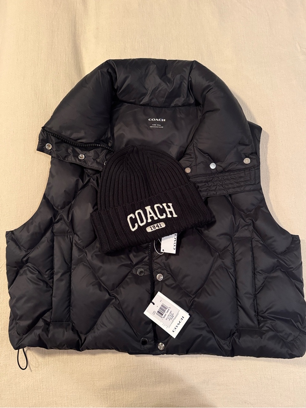 NWT Coach Black Quilted Puffer Vest.  Matching Black Logo Beanie sold separately